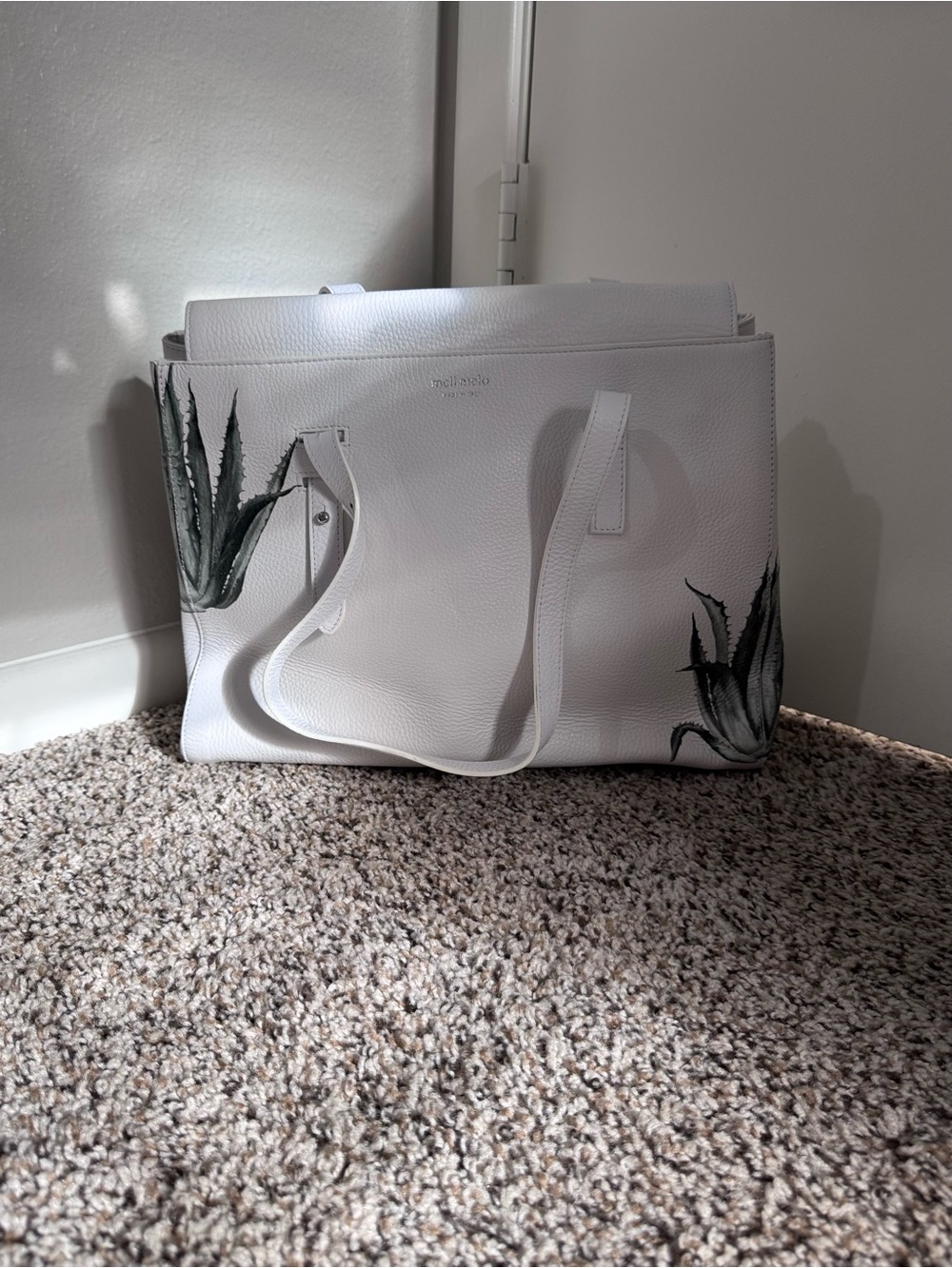 Meli Melo White Leather Tote with Green Botanical Motif